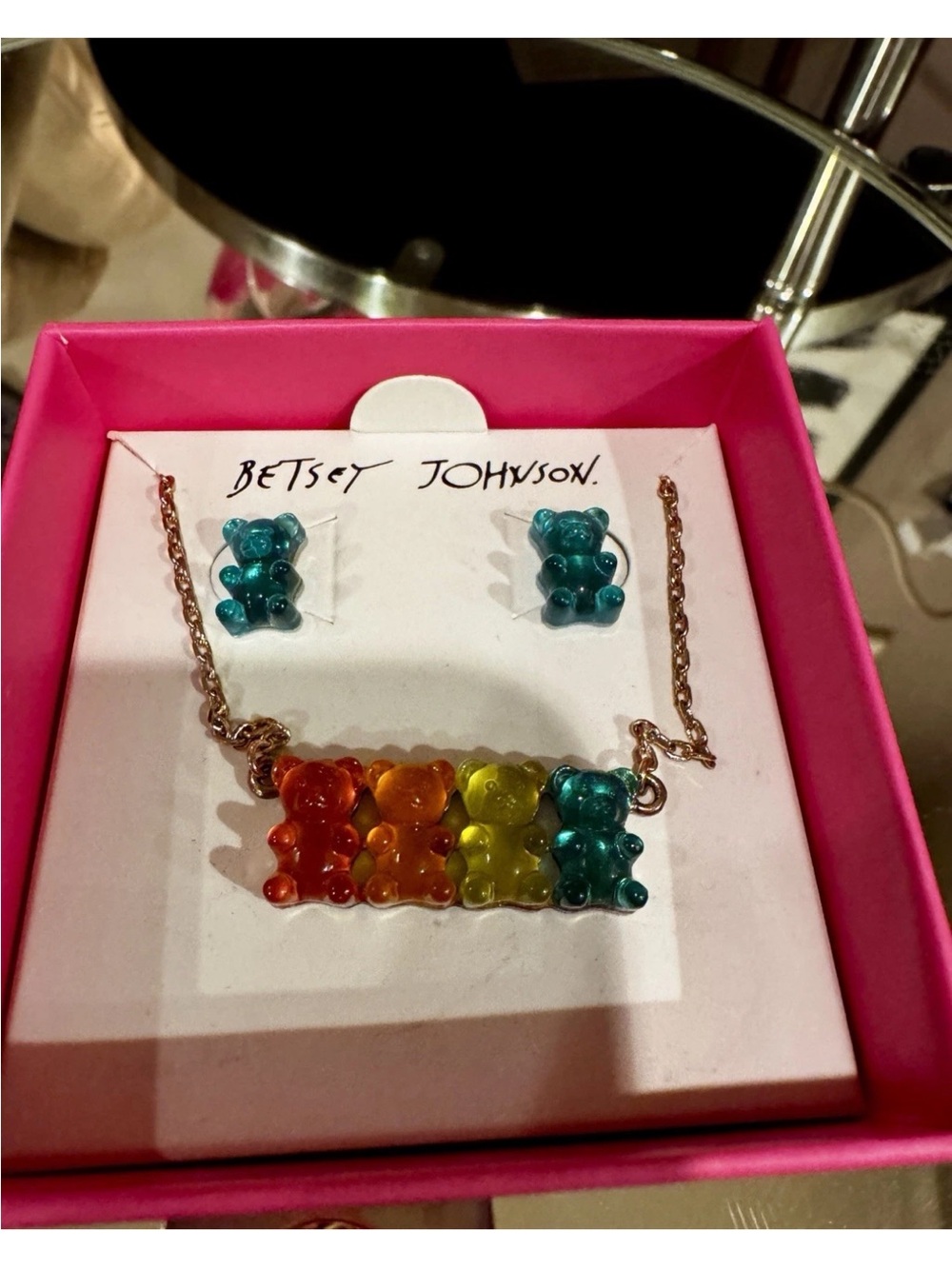 BETSEY JOHNSON RAINBOW GUMMY BEAR STUD EARRINGS AND GOLD-TONE NECKLACE NIB! - Picture 2 of 6